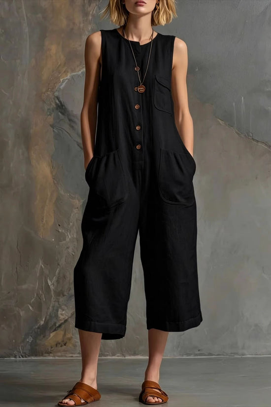 Retro Sleeveless Cotton-Linen Wide-Leg Cropped Jumpsuit 