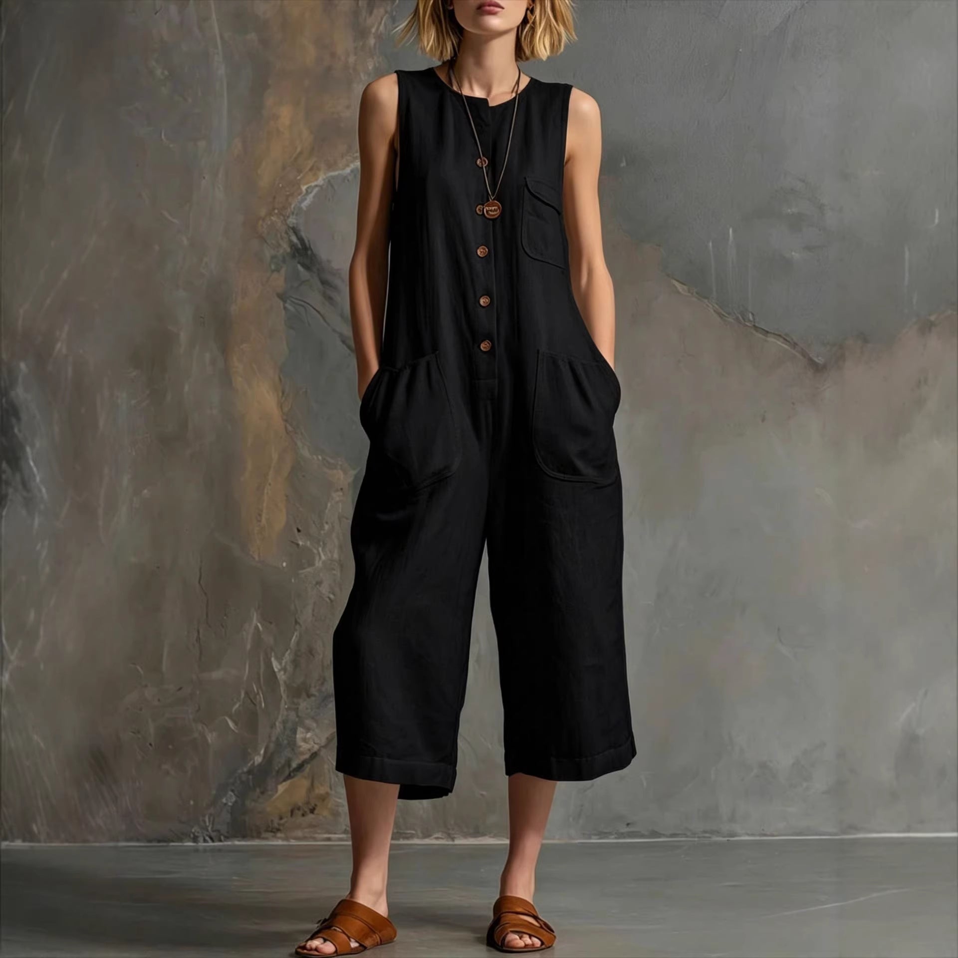 Retro Sleeveless Cotton-Linen Wide-Leg Cropped Jumpsuit 