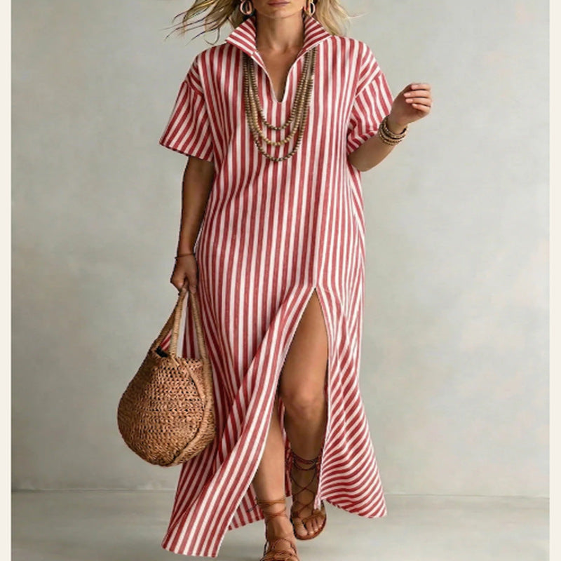 Womens V-neck Short-sleeve Striped Slit Cotton-Linen Dress 