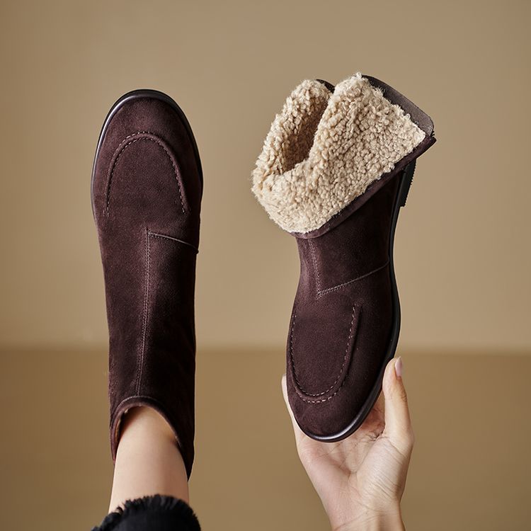 Womens Fleece-Lined Thick Simple Stylish Round-Toe Low-Heel Ankle Boots For FallWinter 