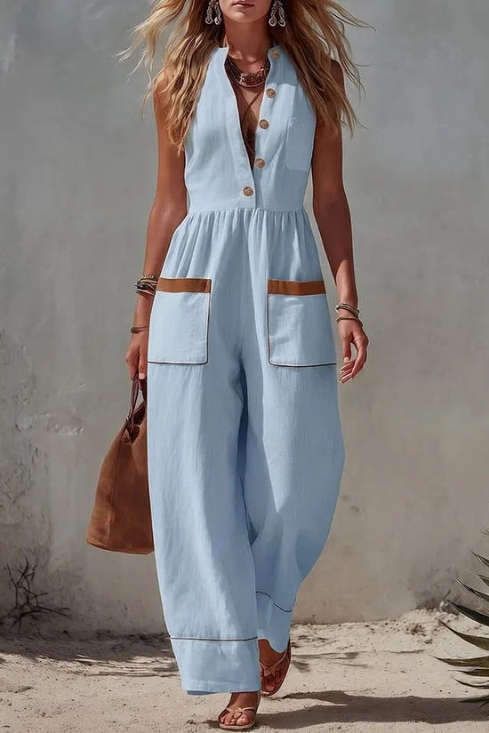 Womens Sleeveless Casual Loose Cotton-Linen Wide-Leg Jumpsuit 
