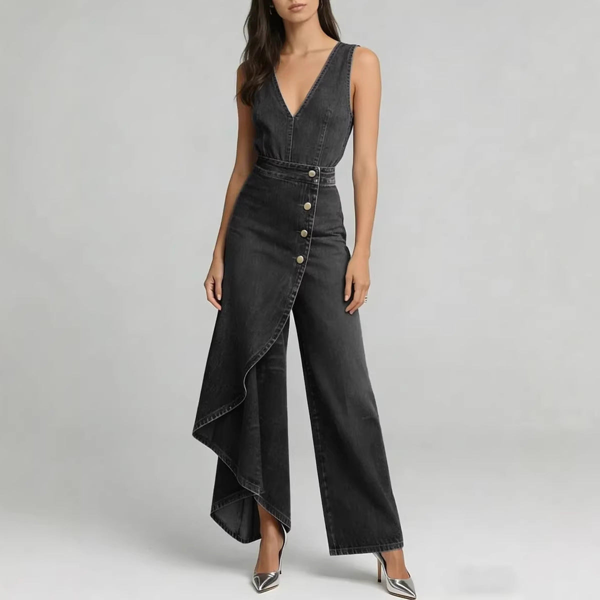Western-style V-neck Asymmetrical Denim Jumpsuit 