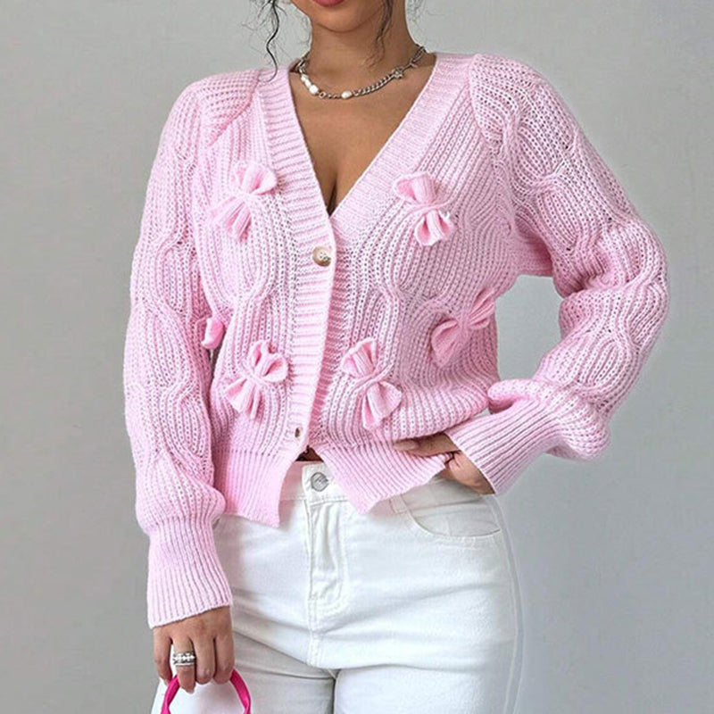 Women's Bow Cropped Cardigan - Long Sleeve V-Neck Button Down Knit Sweater Top 