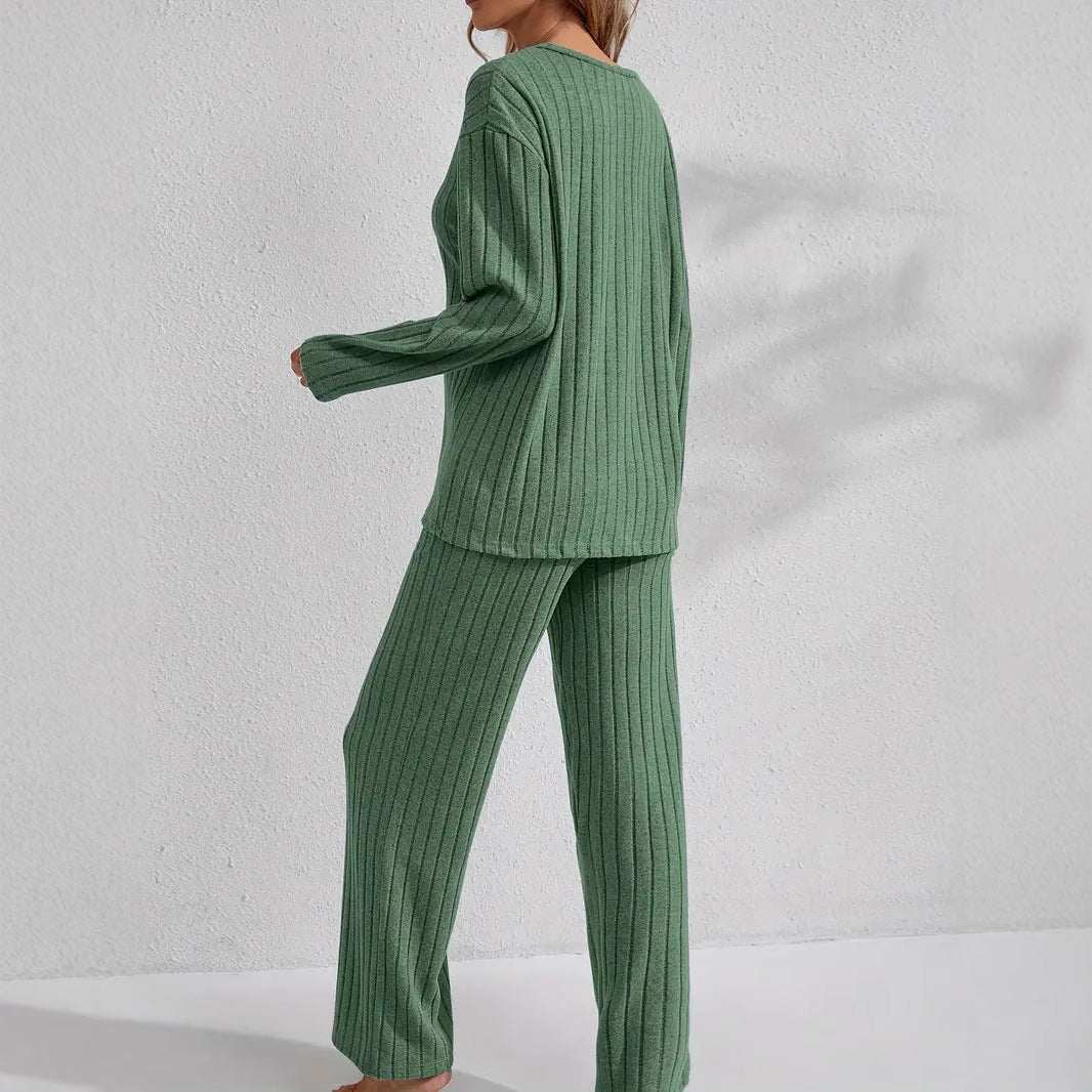 Ribbed Long-Sleeve Top And Pants Casual Comfortable Womens Loungewear Set 