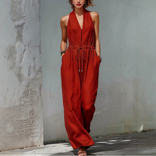 Womens Sleeveless Solid-Color Long Holiday Jumpsuit 