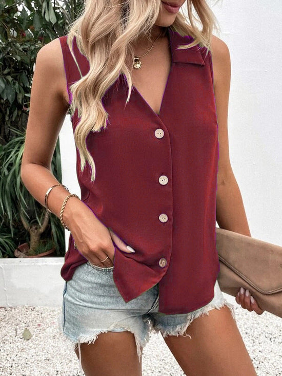 Women's Solid-Color Sleeveless Loose Vest Top – Button Detail 
