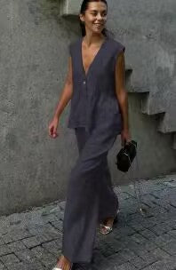 Womens Cotton V-Neck Sleeveless Vest And Wide-Leg Pants Set 