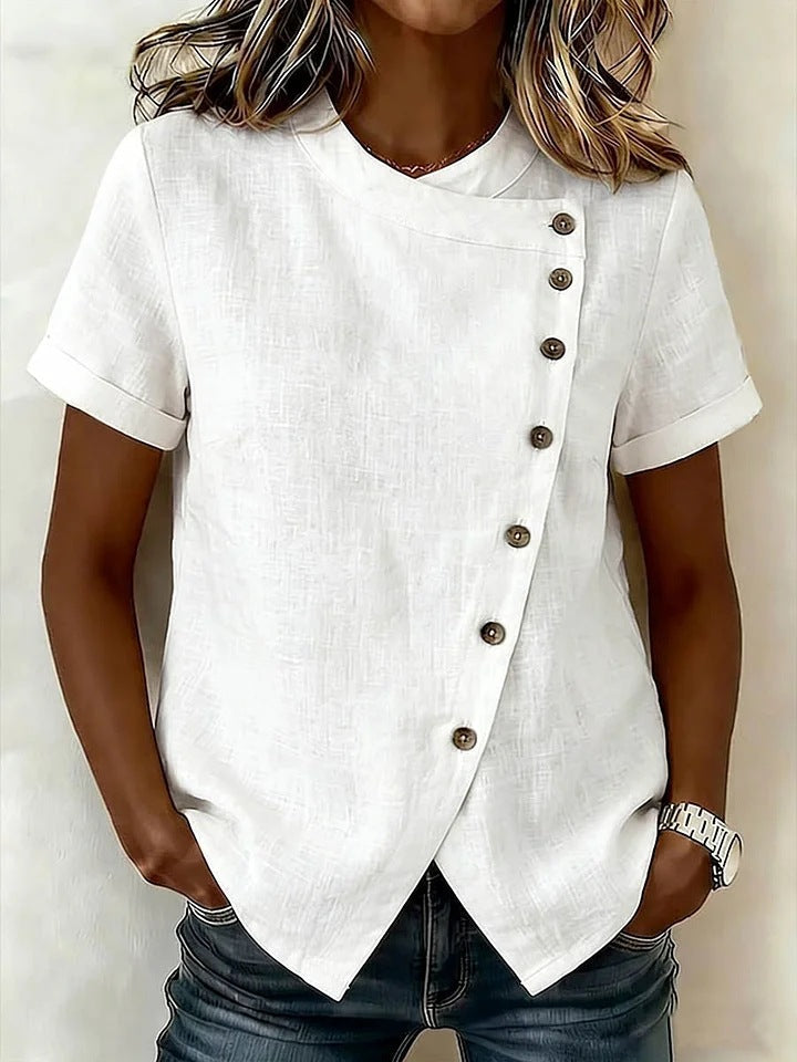 New Solid-Color Cross-Neckline Short-Sleeve Loose Cotton-Linen Asymmetrical Top 
