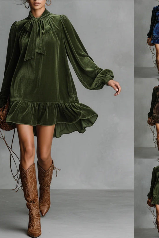 Women’s Bow-Tie Puff Sleeve Dress – Elegant Asymmetric Ruffle Hem Short Dress 