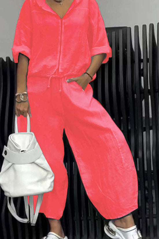 Cotton And Linen Womens Casual Fashion Long-Sleeve Top And Pants Two-Piece Set 