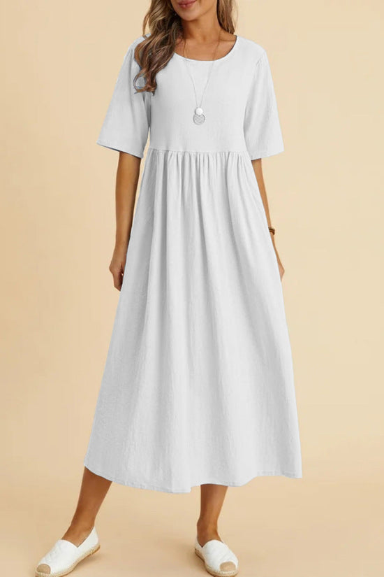 Plus Size Loose Cotton Linen Dress, Round Neck  Sleeve Midi Dress With Pockets 