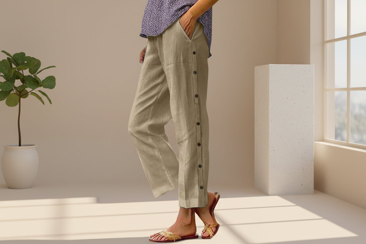 Cropped Pants With Decorative Buttons Along The Side Seams 
