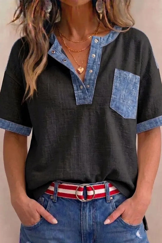 Women's Casual Loose-Fitting Patchwork Short-Sleeve Top 