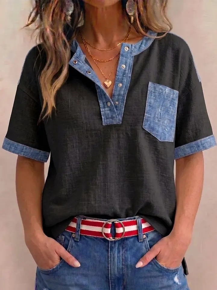 Women's Casual Loose-Fitting Patchwork Short-Sleeve Top 