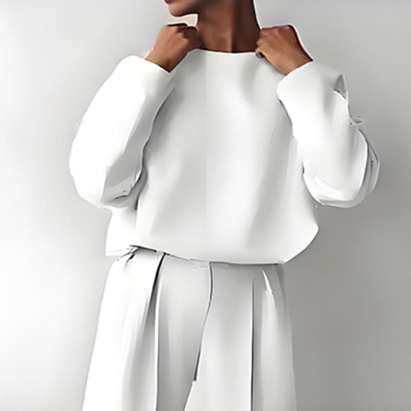 Women's Solid Color 2-Piece Set Round Neck Long Sleeve Top & Pleated Pants Loungewear For Spring & Fall CJ US