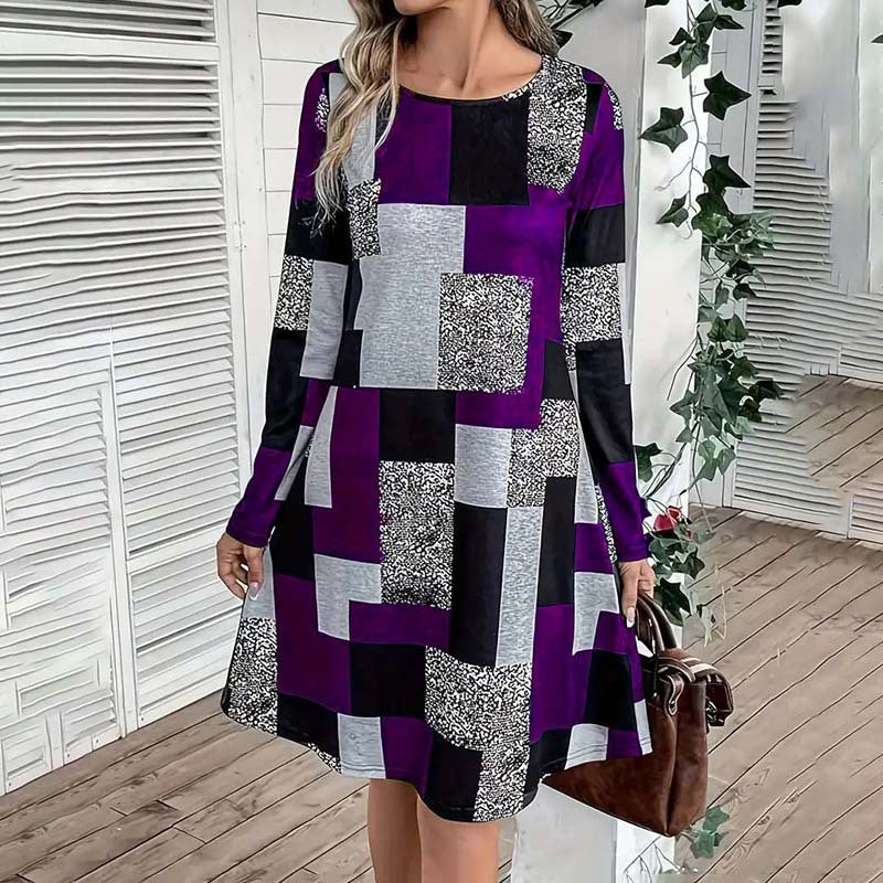 Women's Round Neck Long Sleeve Dress - Digital Print Casual Elegant Spring & Fall Dress CJ US