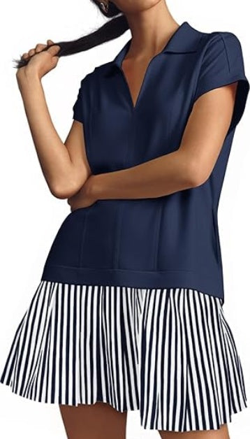 Fisoew Striped Patchwork Polo V‑Neck Mini Dress with Pockets CJ US