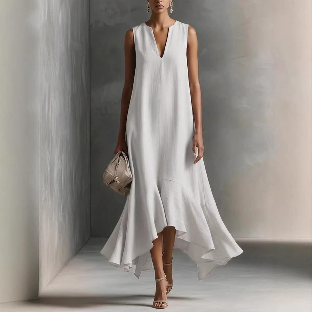 New Stylish Deep V-Neck Sleeveless Elegant Asymmetrical Hemline Dress 
