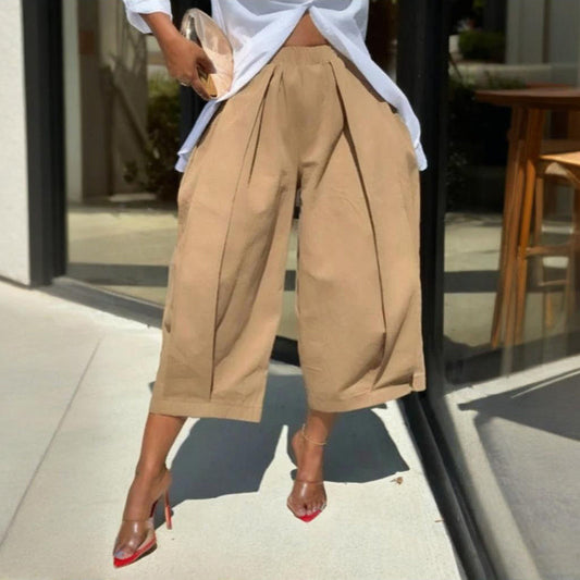 Women's Solid Color Cotton Wide Leg Cropped Pants With Pleats & Pockets - Spring Summer Fashion Comfortable Loose Trousers CJ US