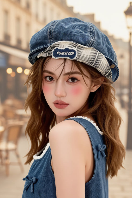 Double-brimmed, Turned-up Brim Denim Beret 