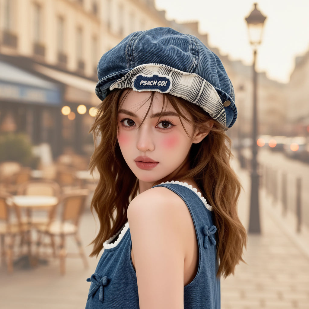 Double-brimmed, Turned-up Brim Denim Beret 