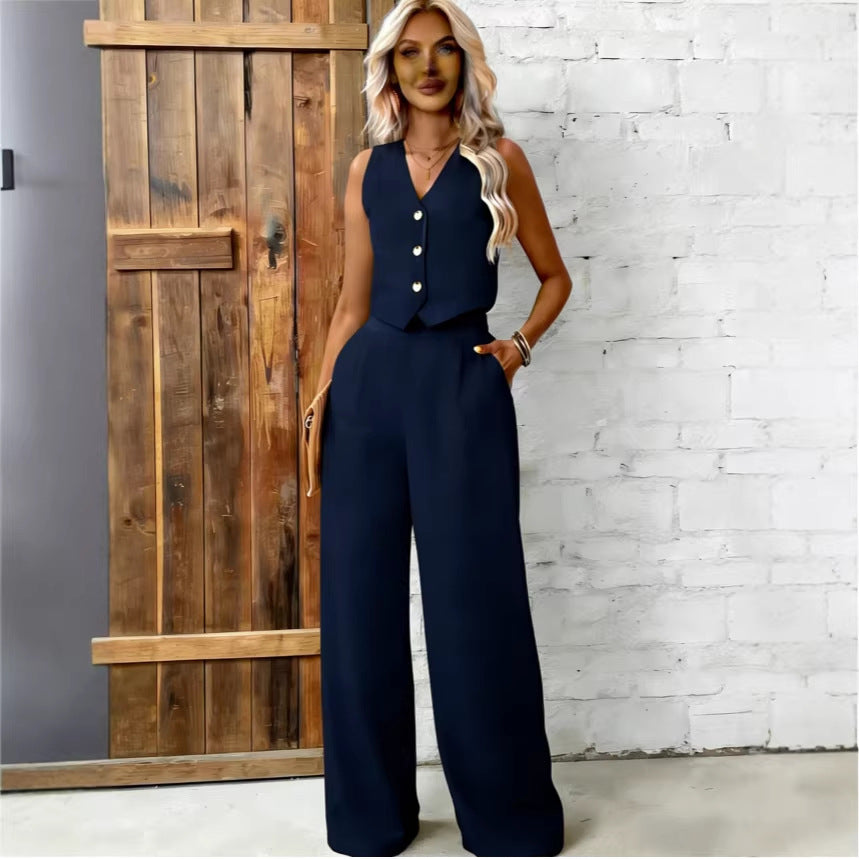 Womens Fashion Plus-Size Buttoned Vest Set 