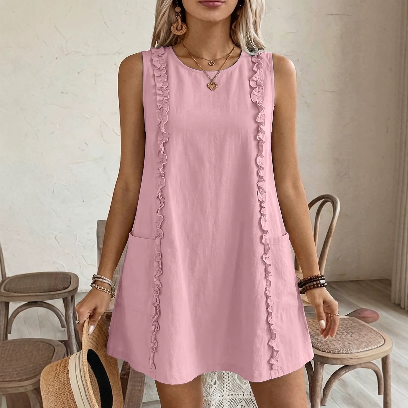 Women's Solid-Color Ruffle-Trimmed Dress 