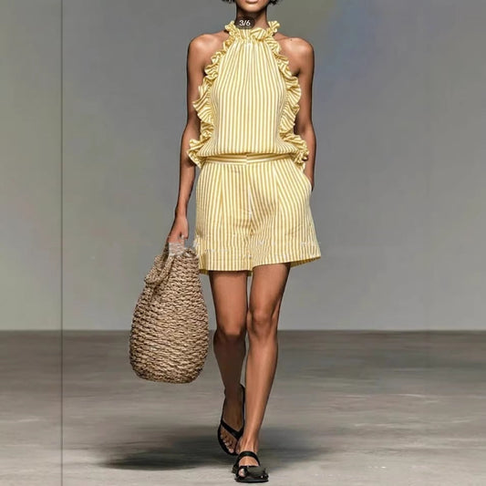 Striped Print Stand Collar Sleeveless Loose Top And Shorts Set 