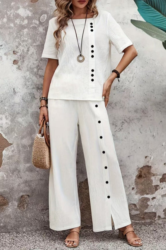 Two-piece Short-sleeve Button-up Top Loose-fit Womens Outfit 