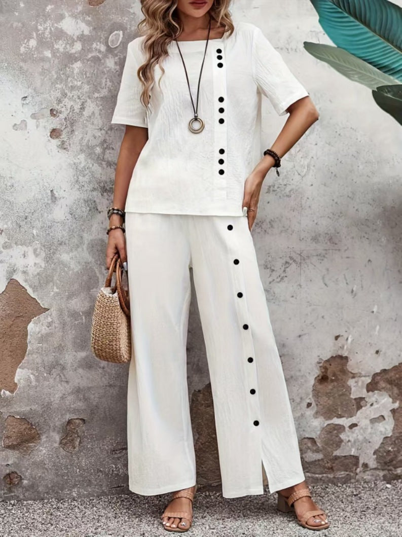 Two-piece Short-sleeve Button-up Top Loose-fit Womens Outfit 