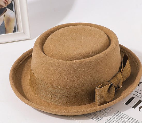Vintage Bow British Retro Flat Top Hat for Women 