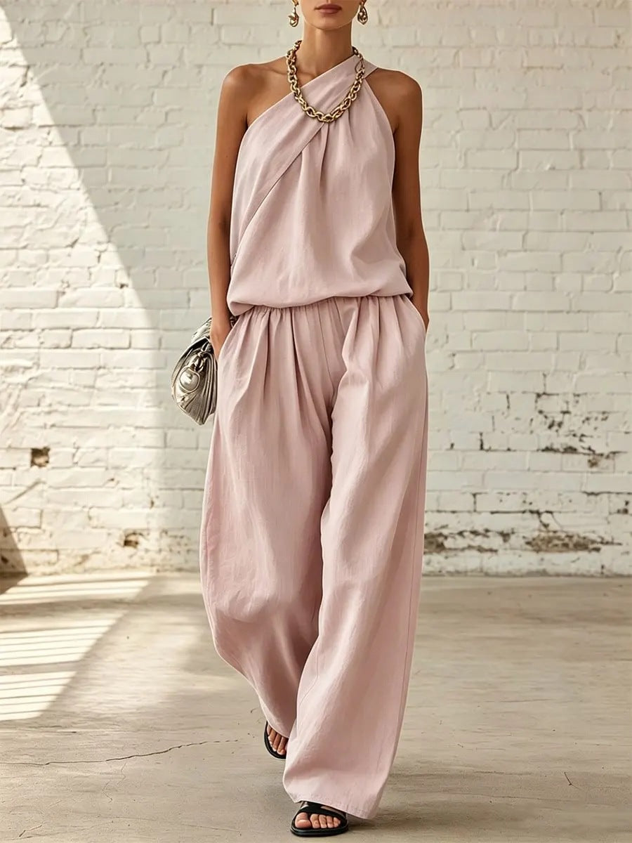 Cotton-linen Sleeveless Double-layer Top And Wide-leg Pants Set 