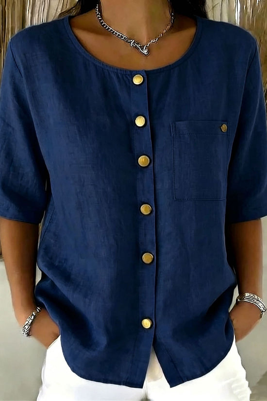 Womens Crew-Neck Shirt With Metal Buttons And Three-Quarter Sleeves 