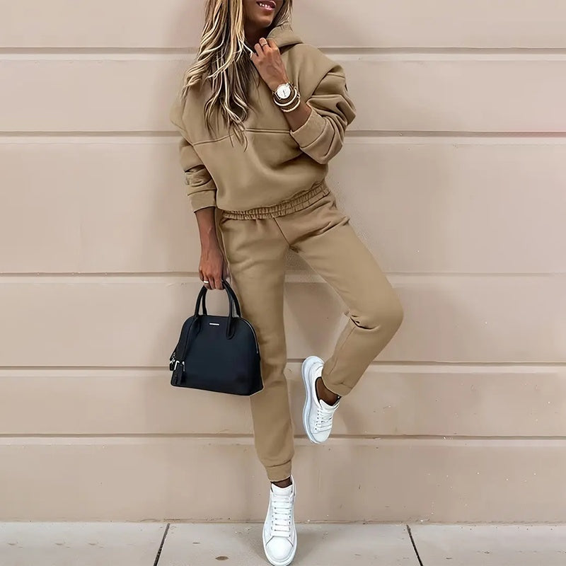 Women's Casual 2-Piece Tracksuit, Solid Color Hooded Sweatshirt And Slim Fit Jogger Pants For Autumn And Winter Diversi Fashion™