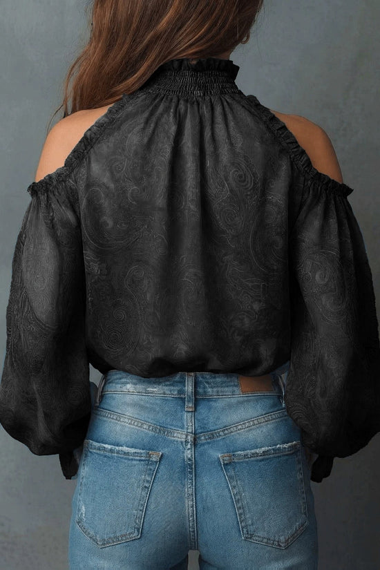 Retro Cashew-print High-neck Off-shoulder Chiffon Blouse 