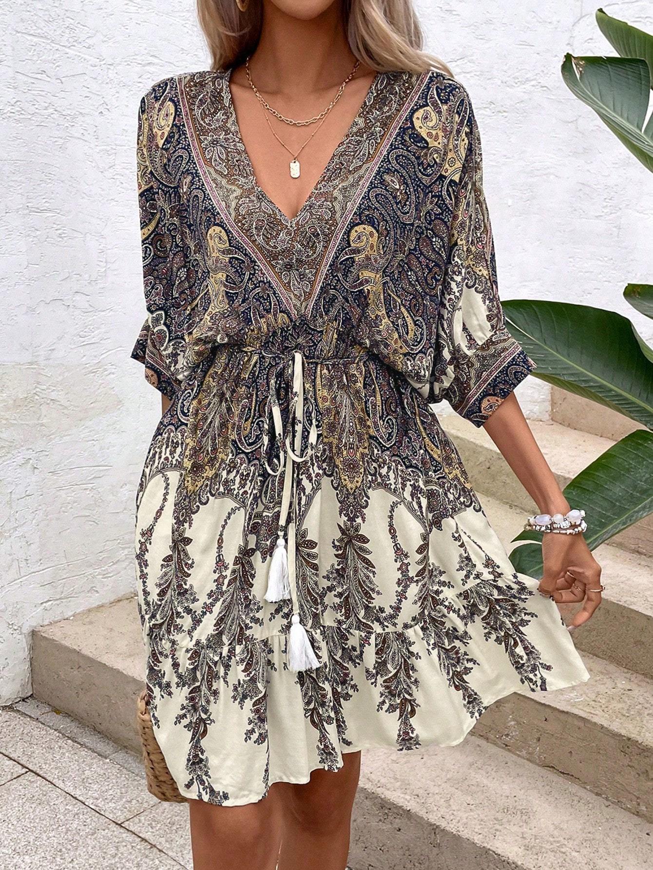 Paisley Print Batwing Sleeve Tassel Tie Front Ruffle Hem Dress CJ US
