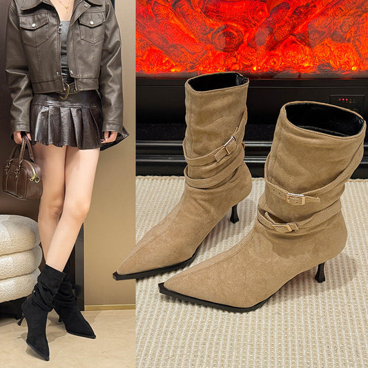 Fashionable And Versatile Pointed Toe Stiletto Heel Suede French Slim Ankle Boots 