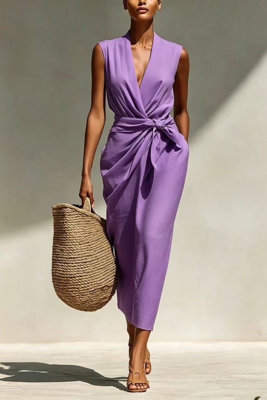 Solid-color Sleeveless Cotton-linen Feel Midi Dress 