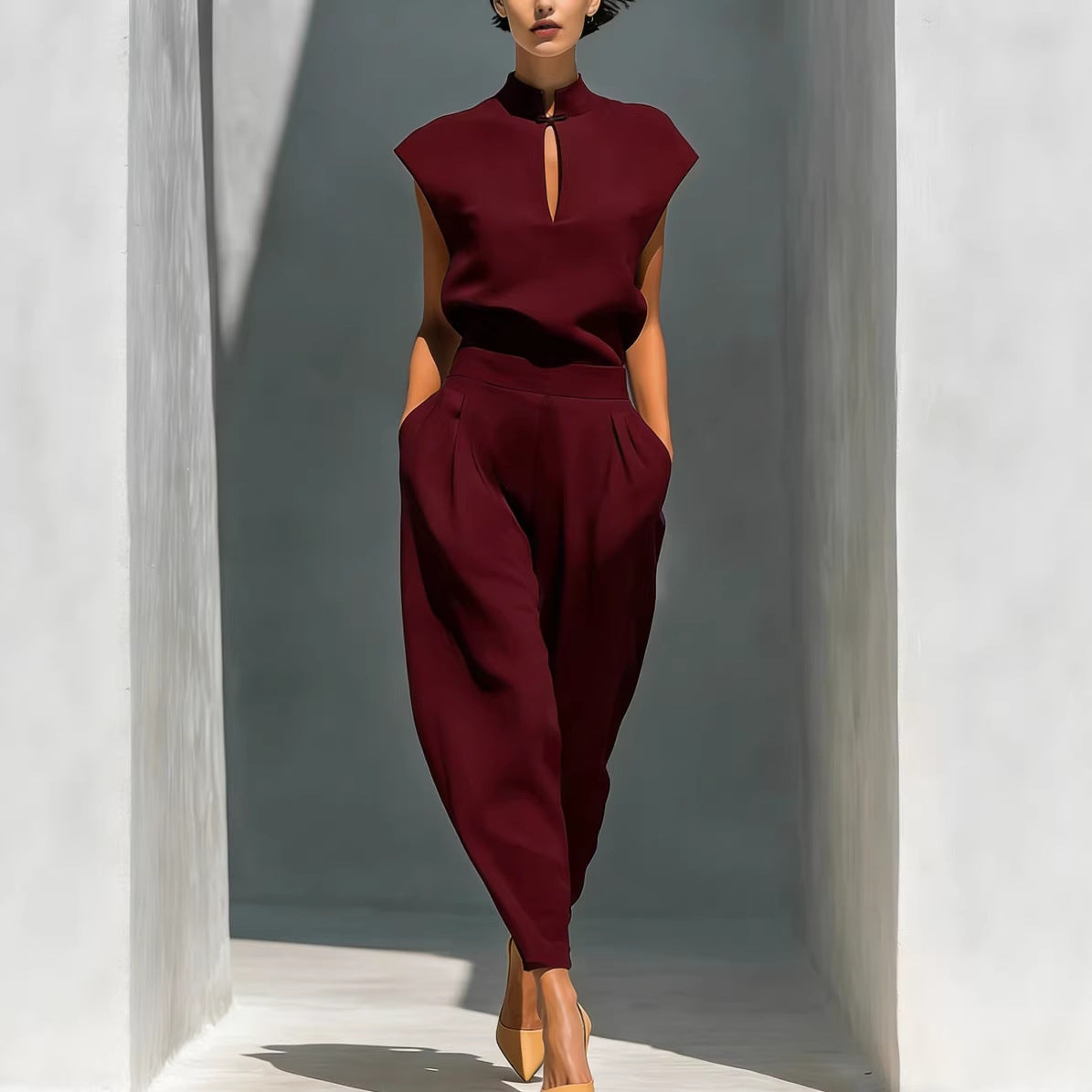 Chinese-style Satin Short-sleeve T-shirt And Pants Set For Women 