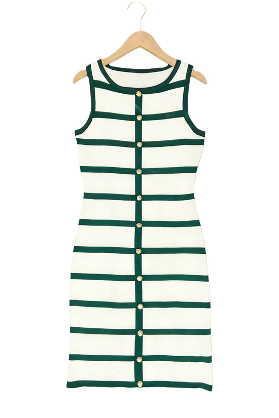 Contrast-color Striped Sleeveless Crew-neck Single-breasted Dress 