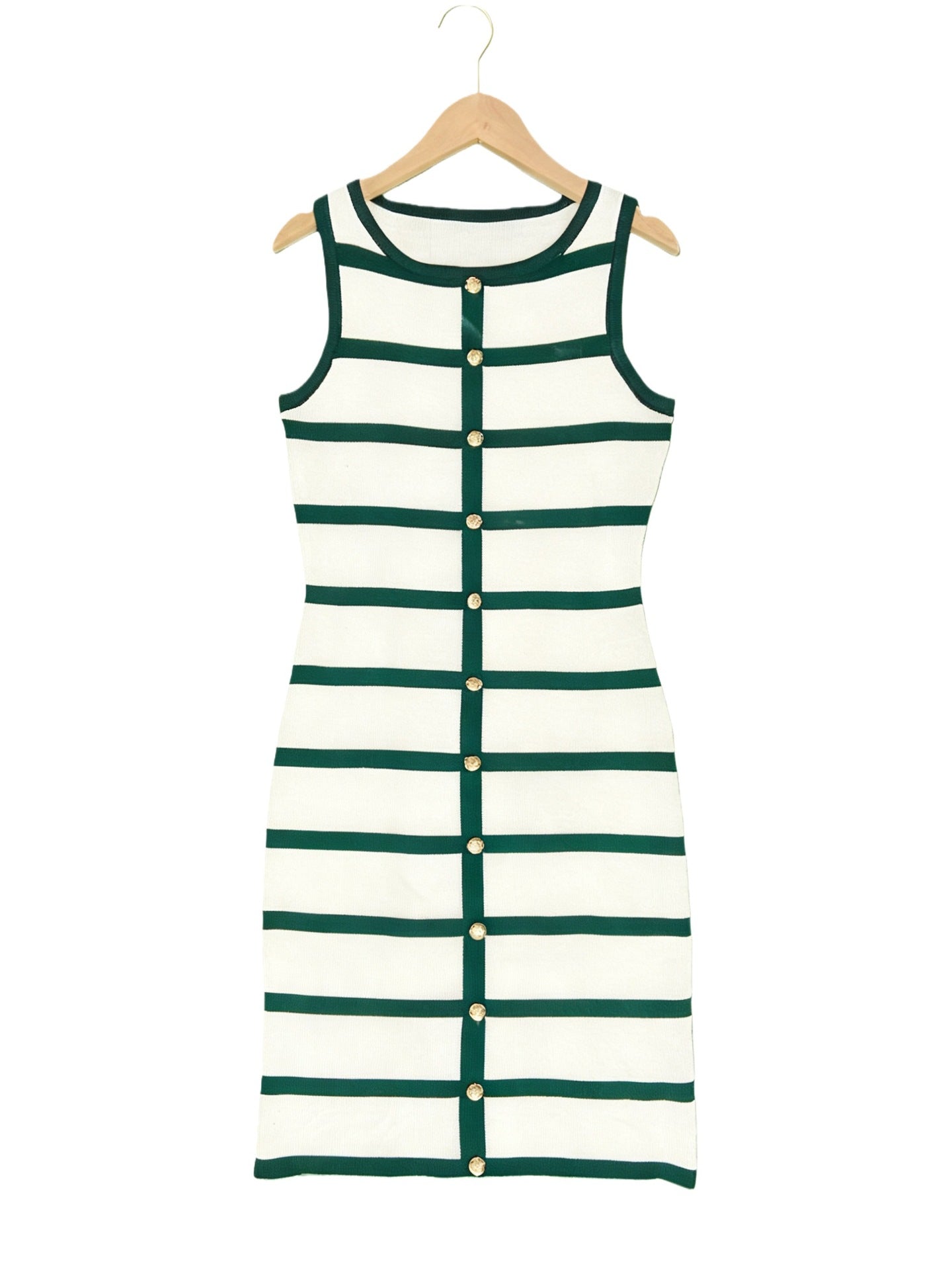 Contrast-color Striped Sleeveless Crew-neck Single-breasted Dress 