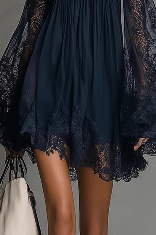Long-sleeve Slip Dress In Solid Color With A Stretchy Boat Neck And Lace Detailing 