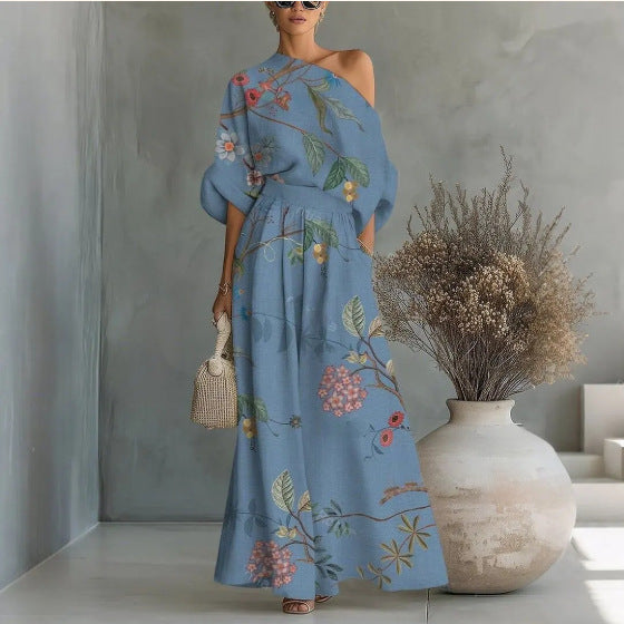 Printed Off-Shoulder Top And Pants Two-Piece Set 
