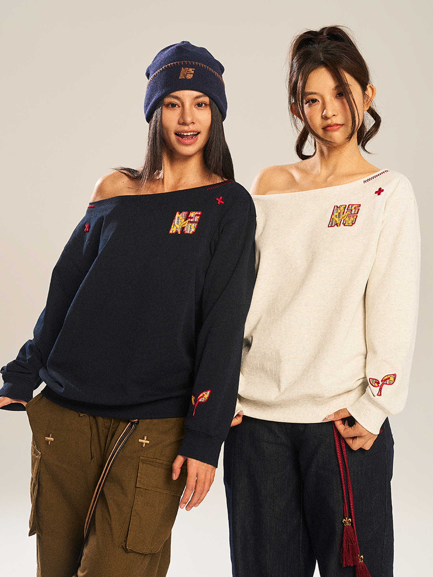 Women’s Slanted Shoulder Embroidered Long-Sleeve Top CJ
