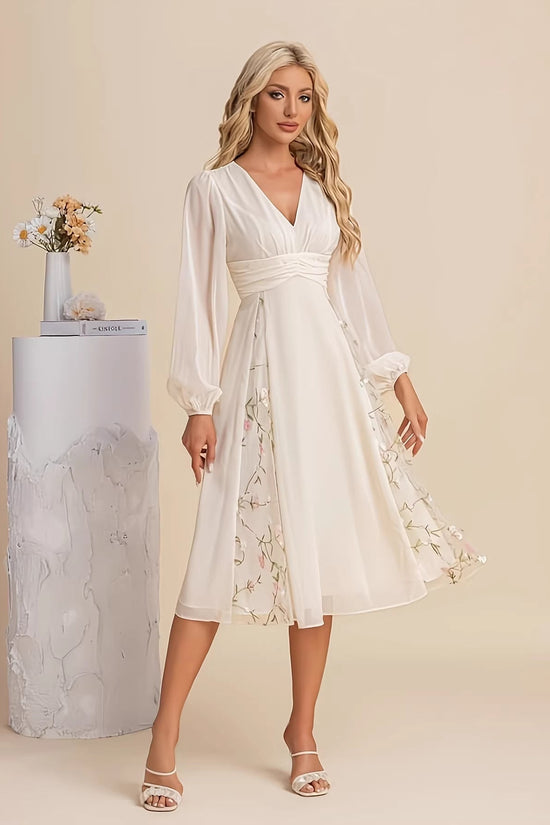 Floral Long-Sleeve V-Neck Pleated Dress For Women 