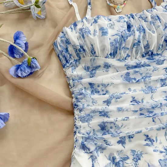 Boho Floral Spaghetti Strap Mini Dress – Ruched Ruffle Hem Vacation Sundress CJ