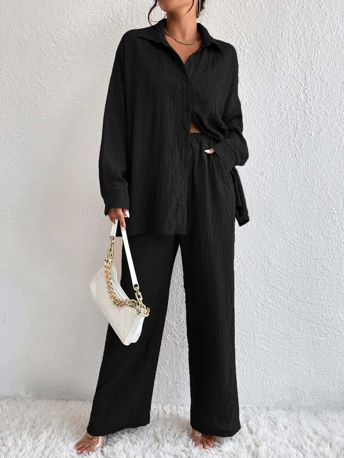 Summer New European And American Style Pleated Long-Sleeve Lapel Loose Two-Piece Set 