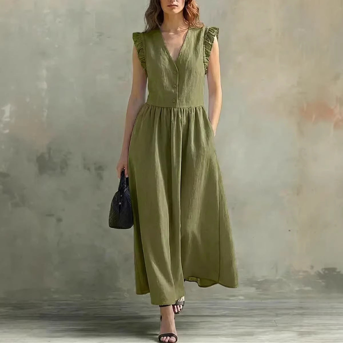 Casual Fashionable Elegant V-Neck Dress With Pockets 