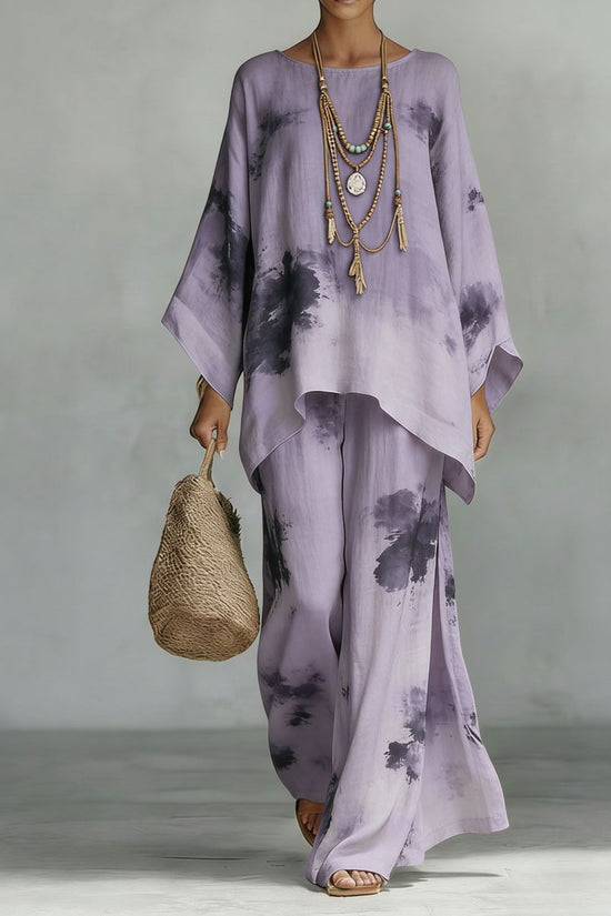 Women's Floral Print Linen Wide-Leg Two-Piece Set 