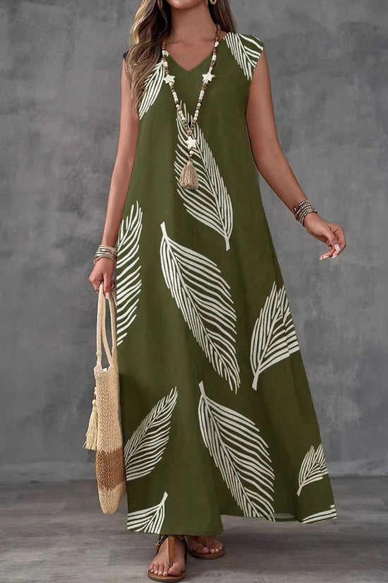 Summer Vacation Style Casual Printed V-Neck Dress 